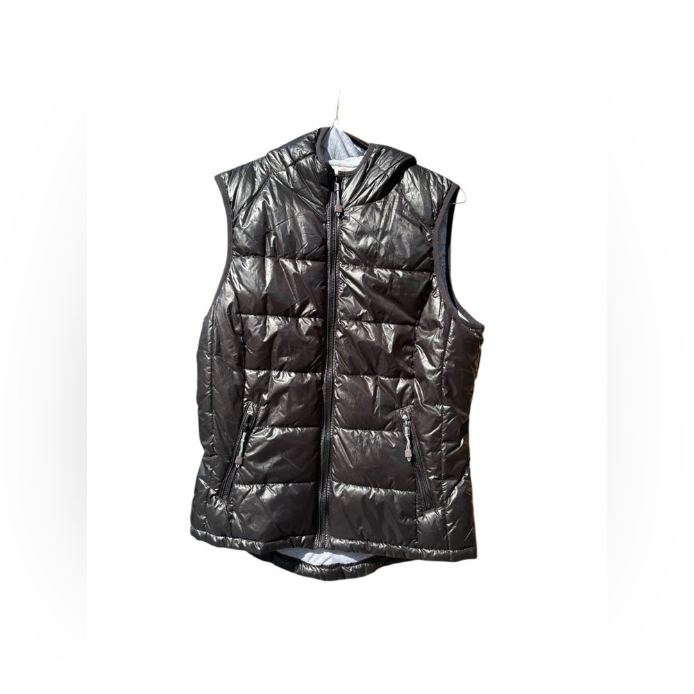 Ultra Chic Tangerine Glossy Charcoal Gray Puffer Vest with Hood